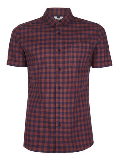 Topman Mens Red Burgundy Gingham Muscle Fit Shirt