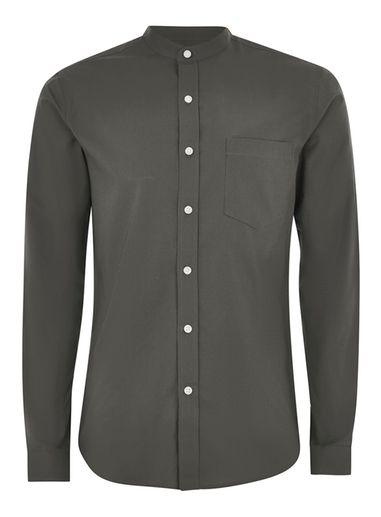 Topman Mens Grey Gray Muscle Fit Stand Collar Oxford Shirt