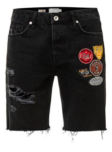 Topman Mens Black Badge Ripped Slim Denim Shorts