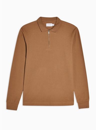 Topman Mens Brown Zip Long Sleeve Polo