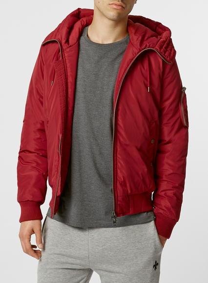 Topman Mens Red Padded Bomber Jacket With Hood
