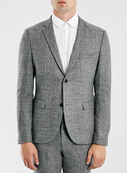 Topman Mens Mid Grey Grey Textured Wool Blend Skinny Fit Suit Jacket
