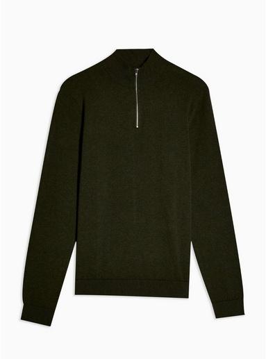 Topman Mens Khaki Marl Essential Zip Turtle Sweater