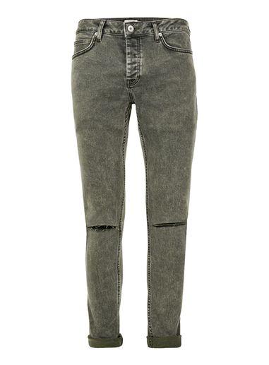 Topman Mens Green Khaki Tint Ripped Stretch Skinny Jeans
