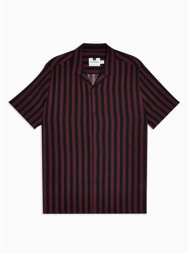 Topman Mens Red Burgundy And Black Stripe Slim Shirt