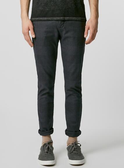 Topman Mens Light Grey And Navy Tartan Stretch Skinny Chinos