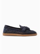 Topman Mens Navy Leather Weave Wedge Loafers