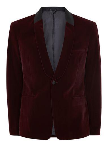 Topman Mens Red Burgundy Velvet Skinny Tuxedo Jacket