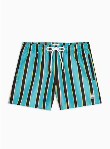 Topman Mens Blue Teal Block Stripe Swim Shorts