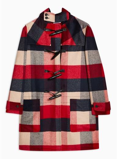 Topman Mens Red Check Duffle Coat