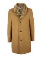Topman Mens Brown Camel Wool Rich Faux Fur Collar Overcoat