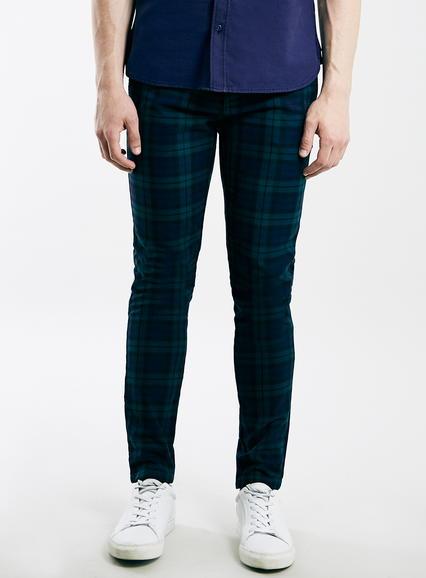Topman Mens Blue Teal Check Stretch Skinny Chinos