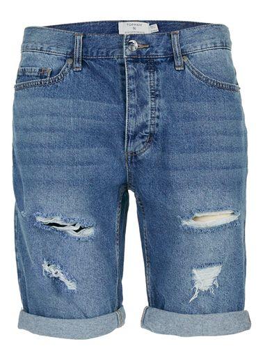 Topman Mens Mid Wash Blue Ripped Slim Denim Shorts