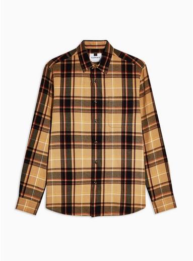 Topman Mens Stone Tartan Check Slim Shirt