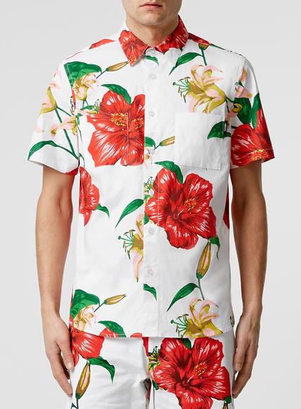 Topman Mens Blue Hero's Heroine Red Hibiscus Print Short Sleeve Shirt*