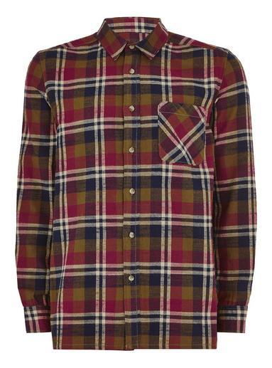 Topman Mens Burgundy And Khaki Check Long Sleeve Shirt