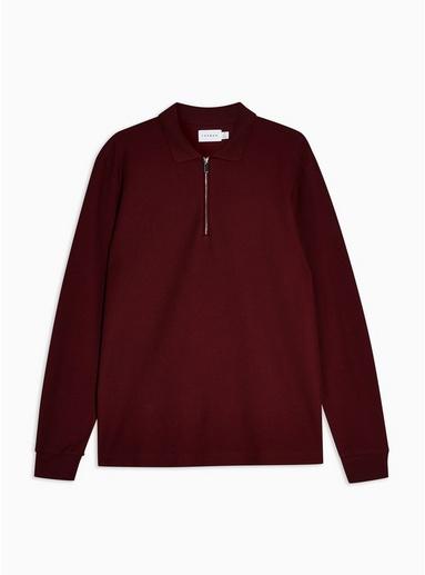 Topman Mens Red Burgundy Gray Zip Polo