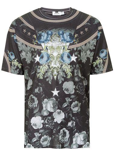 Topman Mens Black Navy Floral Mesh T-shirt