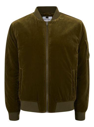 Topman Mens Green Velvet Bomber Jacket