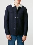 Topman Mens Blue Navy Wool Blend Jacket With Borg Collar