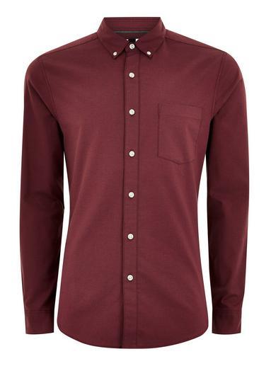 Topman Mens Red Burgundy Stretch Oxford Long Sleeve Shirt