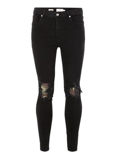 Topman Mens Black Spray On Camouflage Patch Jeans