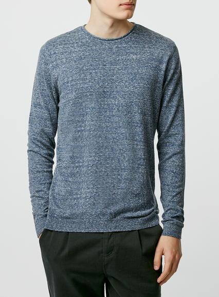 Topman Mens Blue Denim Slub Bagel Neck Sweater