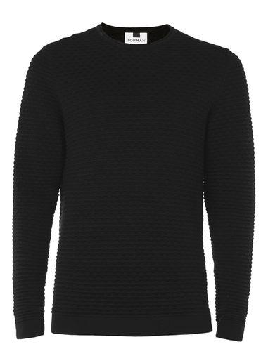 Topman Mens Black Weave Textured Crew Neck Sweater