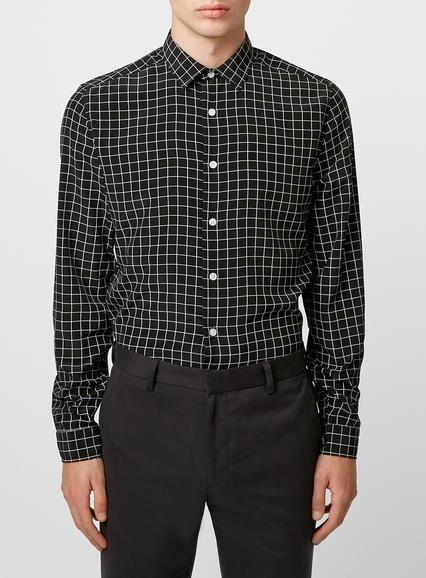 Topman Mens Black Monochrome Grid Long Sleeve Smart Shirt