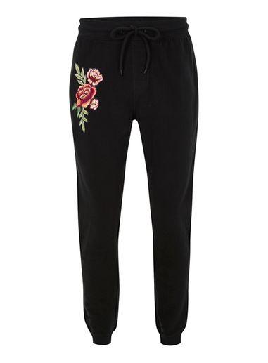 Topman Mens Grey Black Rose Embroidered Joggers