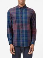 Topman Mens Blue Navy And Orange Check Long Sleeve Casual Shirt