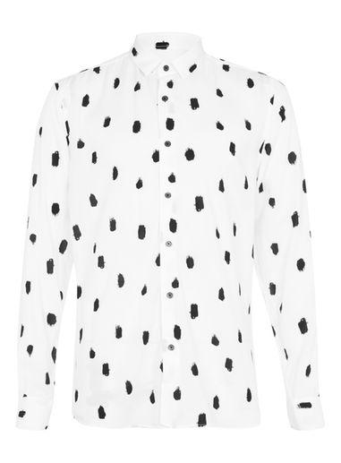 Topman Mens White And Black Print Long Sleeve Casual Shirt