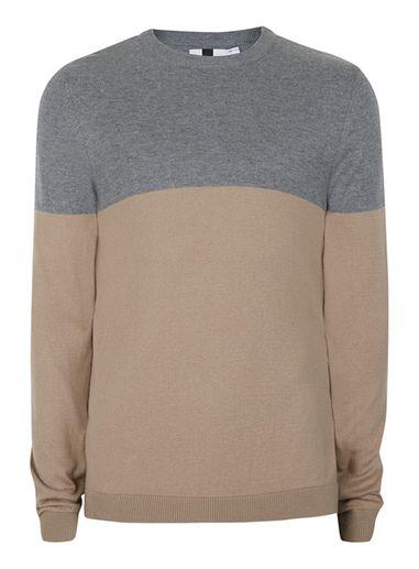Topman Mens Yellow Gray And Camel Colour Block Crew Neck Sweater