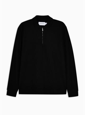 Topman Mens Black Zip Long Sleeve Polo