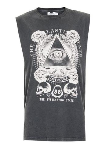 Topman Mens Washed Black Lost Souls Print Oversized Tank Top