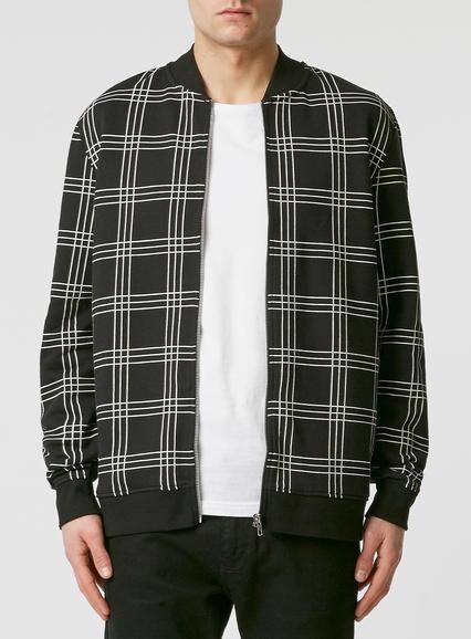 Topman Mens Black Monochrome Grid Check Bomber Jacket