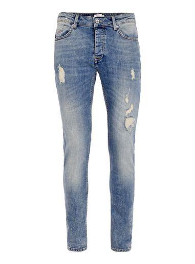 Topman Mens Vintage Blue Bullet Ripped Stretch Skinny Jeans