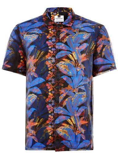 Topman Mens Black And Blue Floral Short Sleeve Shirt
