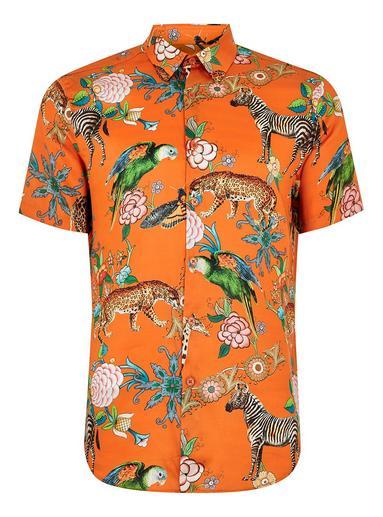 Topman Mens Premium Red Animal Print Short Sleeve Shirt