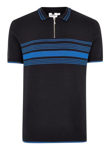 Topman Mens Navy Stripe Zip Polo