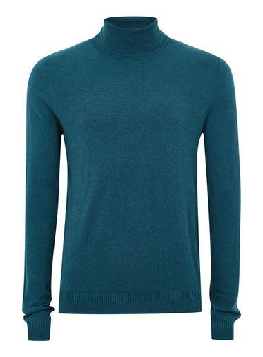Topman Mens Blue Teal Marl Roll Neck Sweater