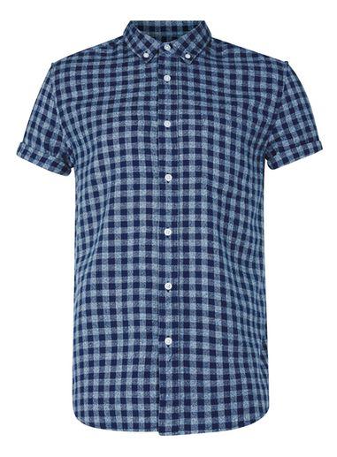 Topman Mens Blue Navy And Grey Check Gingham Short Sleeve Casual Shirt