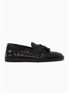 Topman Mens Black Leather Weave Wedge Loafers