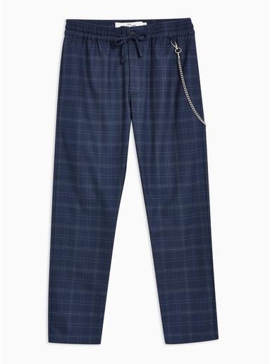 Topman Mens Navy Check Chain Trousers