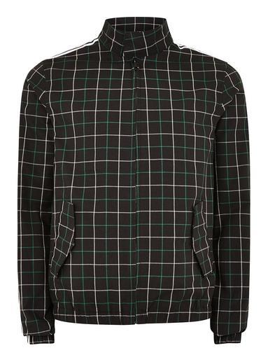 Topman Mens Grey Black Side Stripe Checked Harrington Jacket