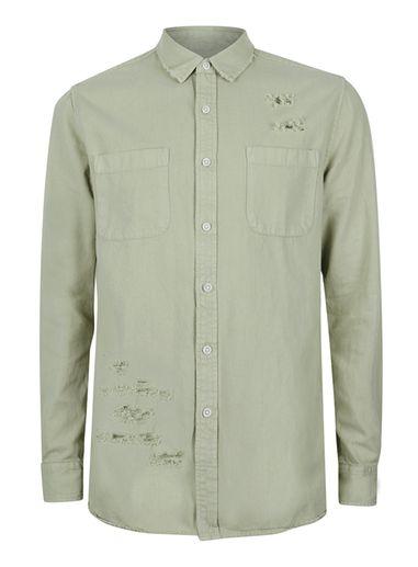 Topman Mens Light Green Twill Ripped Casual Shirt