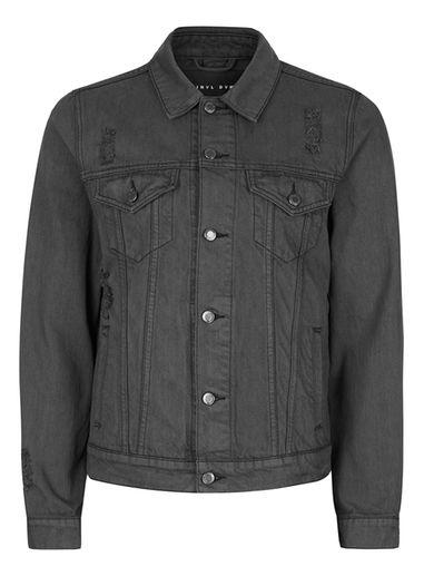 Topman Mens Black Criminal Damage Dark Grey Distressed Denim Jacket*