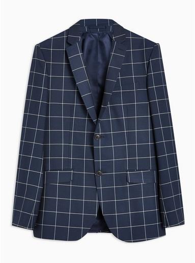 Topman Mens Navy Windowpane Skinny Blazer