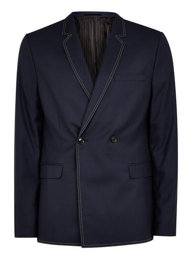 Topman Mens Navy Double Breasted Blazer With Top Stitching