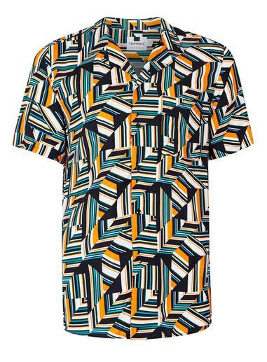Topman Mens Orange Geo Print Viscose Short Sleeve Casual Shirt